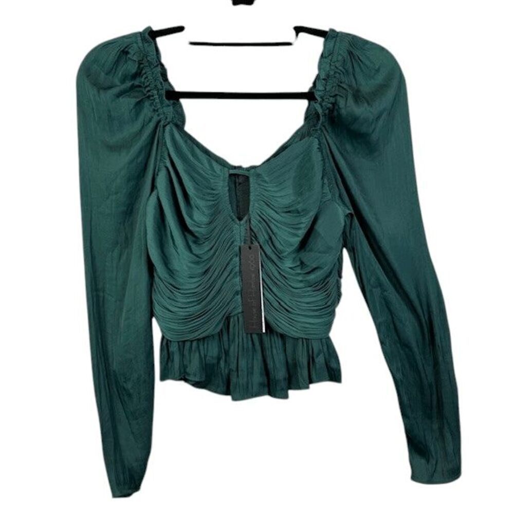 NWT House of Harlow Emerald Green Ruched Balloon Sleeve Cropped Blouse Size XS